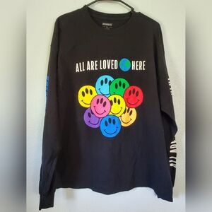Mens Insomniac EDC Long Sleeve Shirt Happy Faces "All Are Loved Here"  Black XL